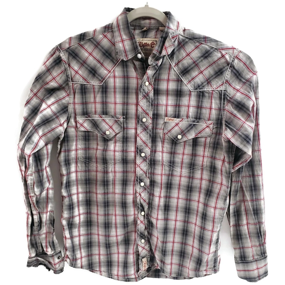Rafter C Shirt Mens Large Gray Plaid Western Pearl Snap Long Sleeve Cowboy Rodeo